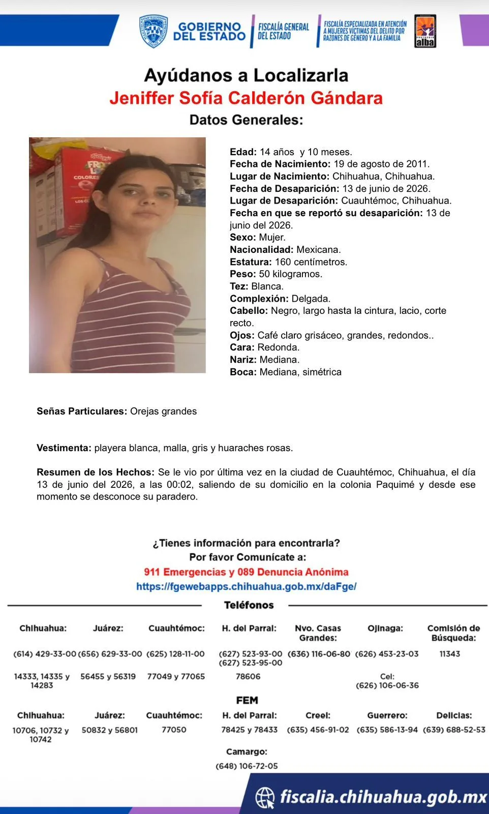Buscan a Jeniffer Sofía Calderón Gándara, adolescente desaparecida en Cuauhtémoc, Chihuahua