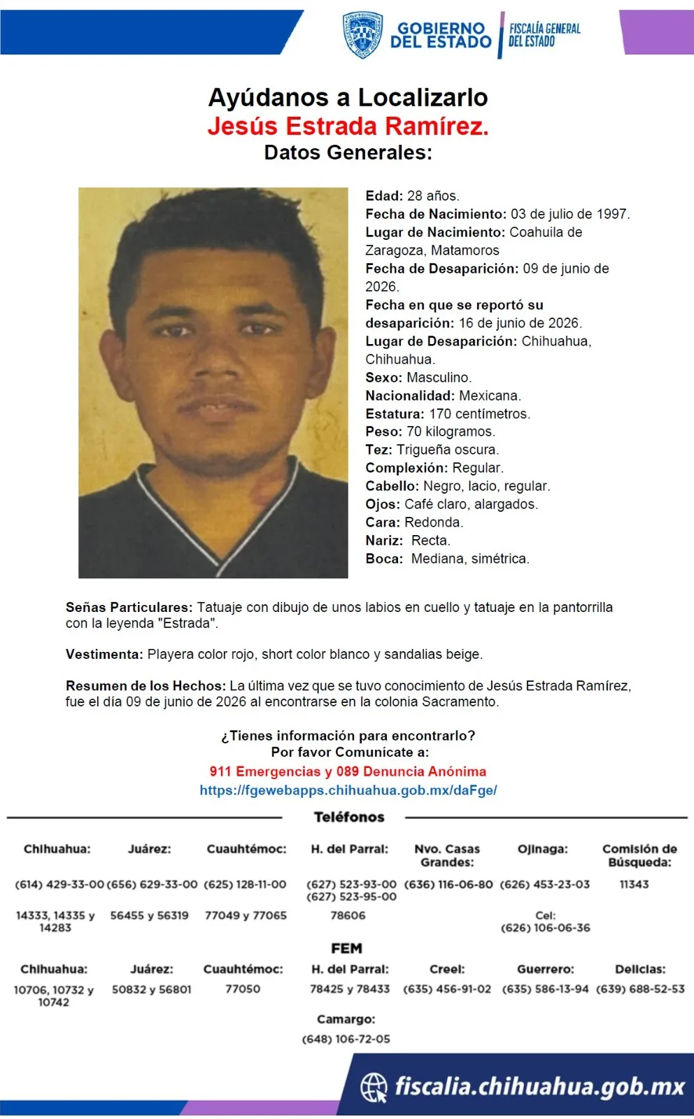 Buscan a Jesús Estrada Ramírez, desaparecido en Chihuahua capital desde el 9 de junio