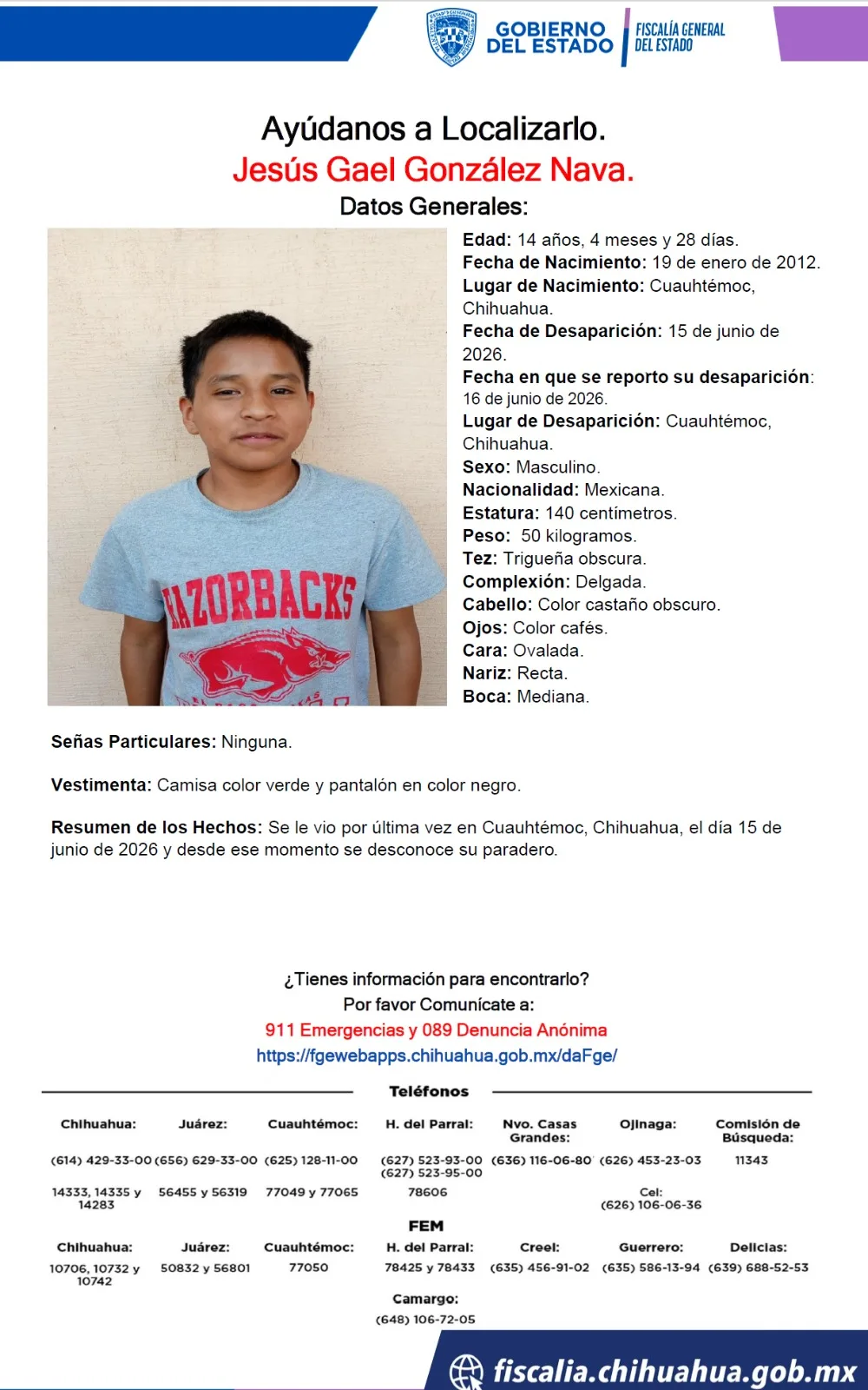 Buscan a Jesús Gael González Nava, adolescente desaparecido en Cuauhtémoc, Chihuahua