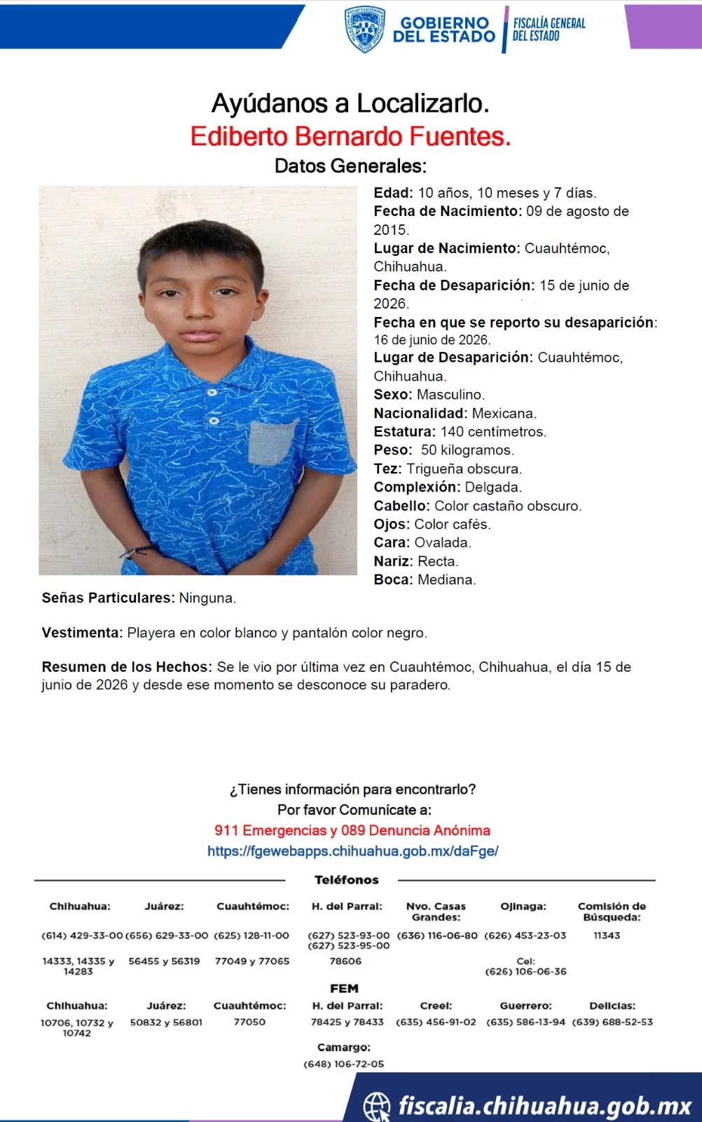 Buscan a Ediberto Bernardo Fuentes, menor desaparecido en Cuauhtémoc, Chihuahua