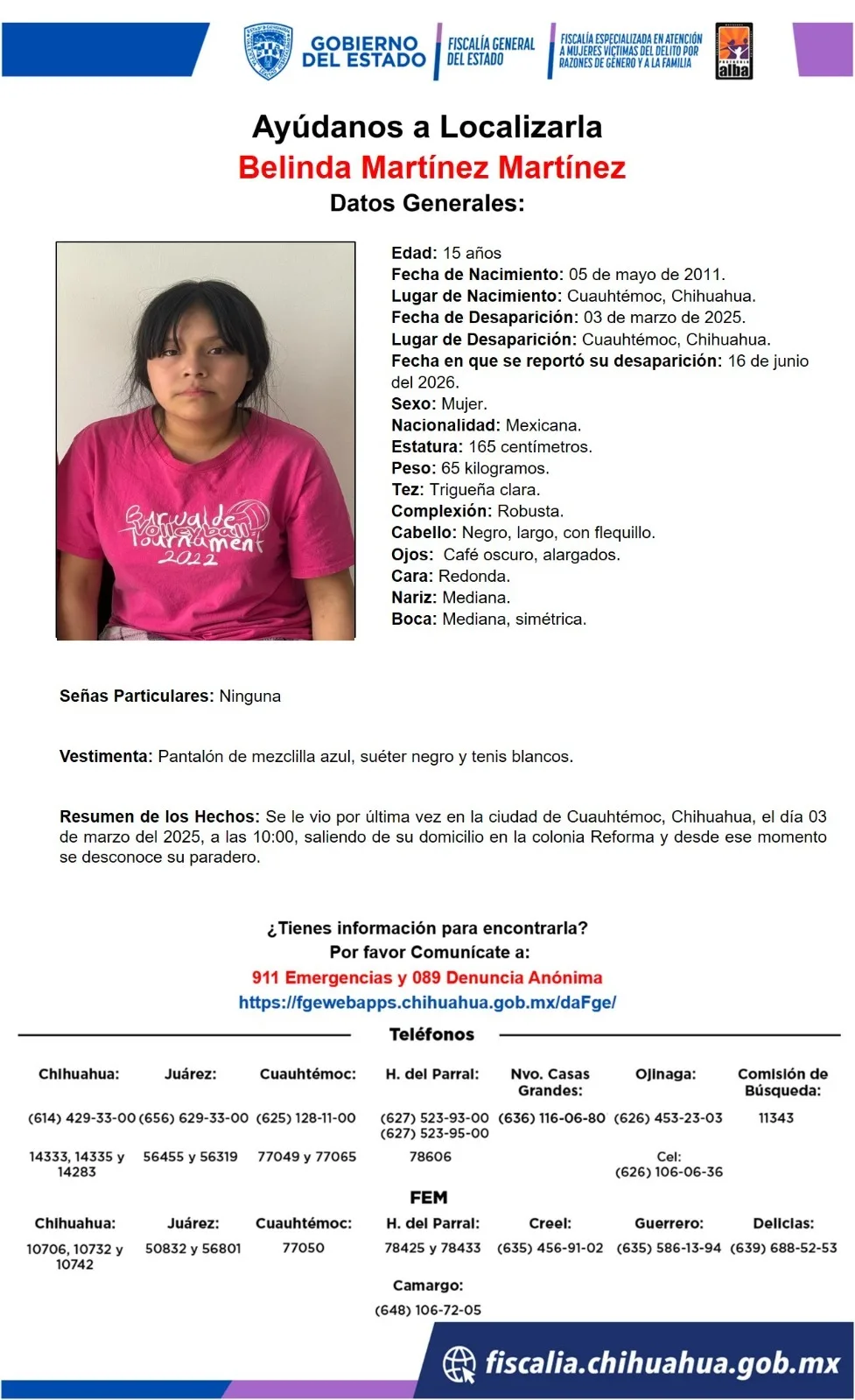Buscan a Belinda Martínez Martínez, adolescente desaparecida en Cuauhtémoc, Chihuahua