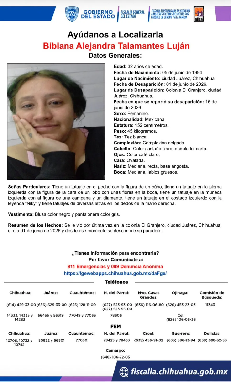 Buscan a Bibiana Alejandra Talamantes Luján, desaparecida en Ciudad Juárez, Chihuahua