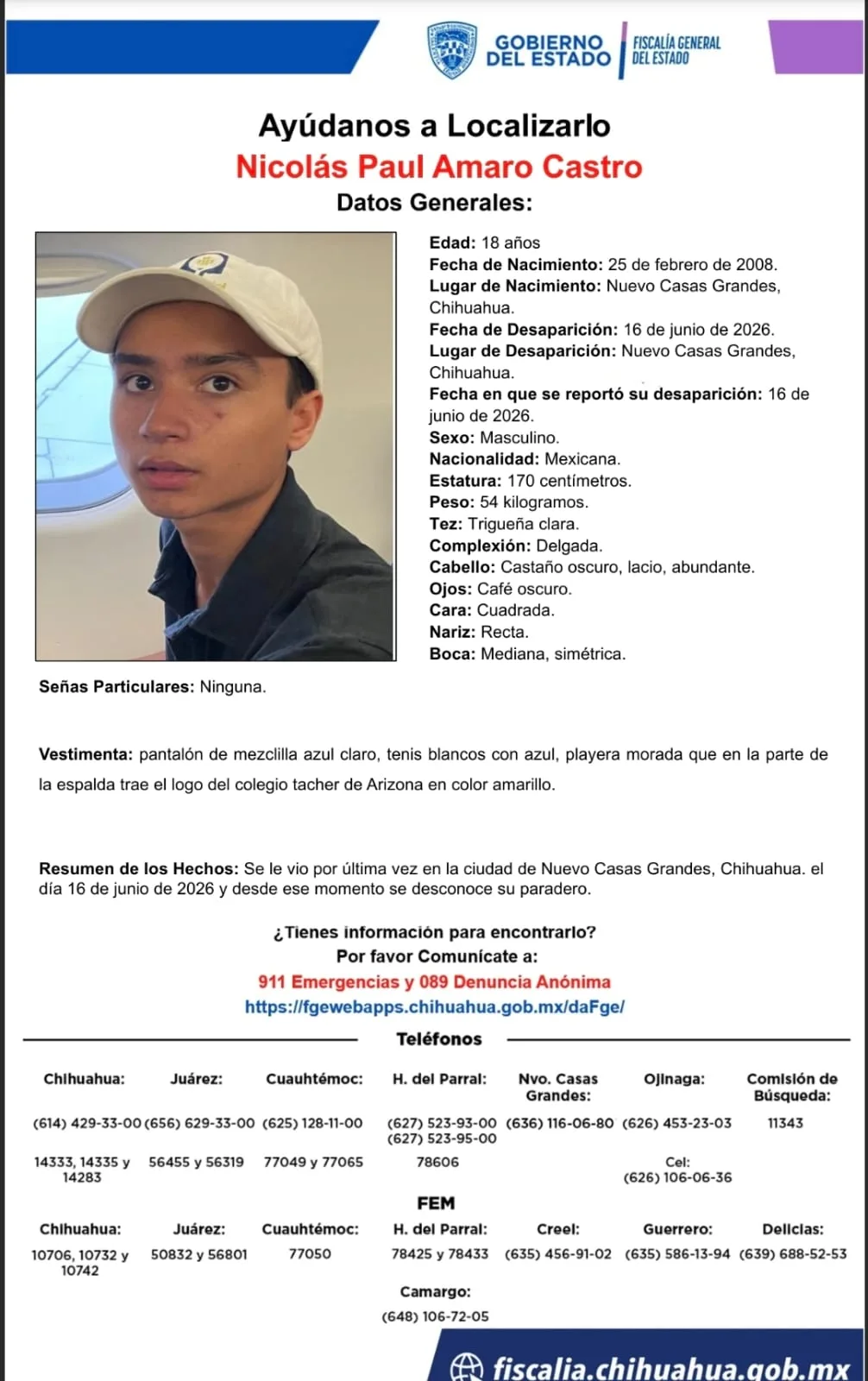 Buscan a Nicolás Paul Amaro Castro, desaparecido en Nuevo Casas Grandes, Chihuahua