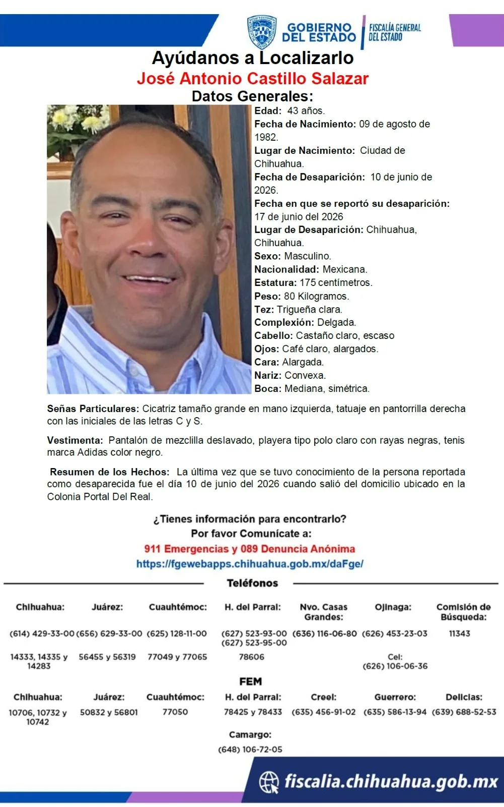 Buscan a José Antonio Castillo Salazar, desaparecido en Chihuahua desde el 10 de junio