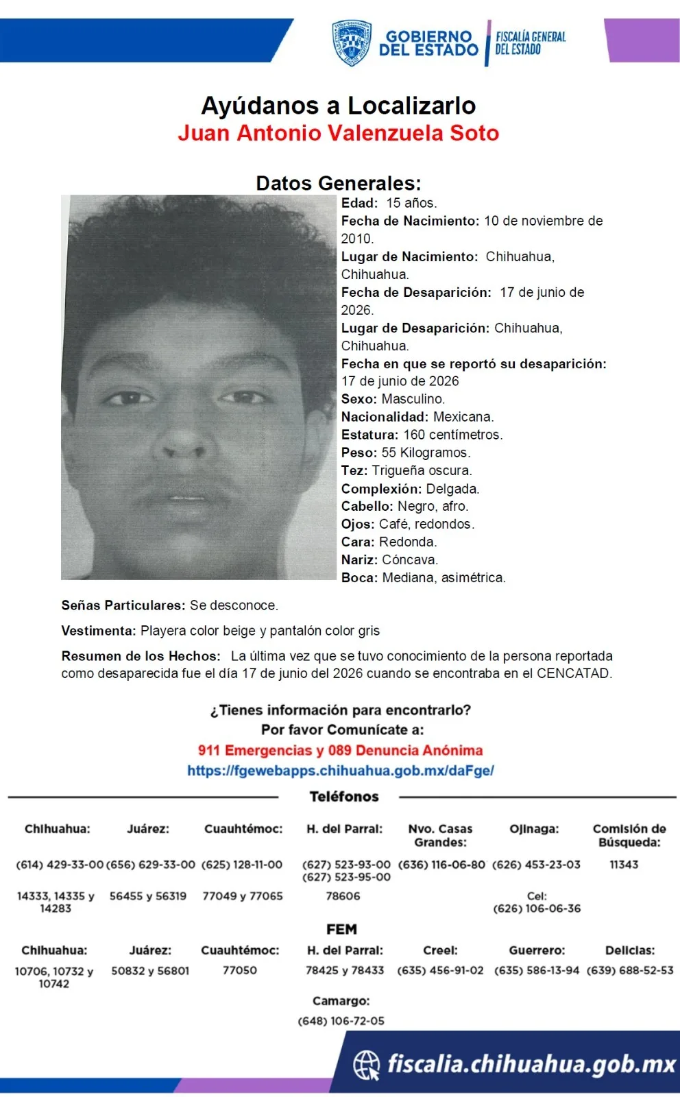 Buscan a Juan Antonio Valenzuela Soto, adolescente desaparecido en Chihuahua