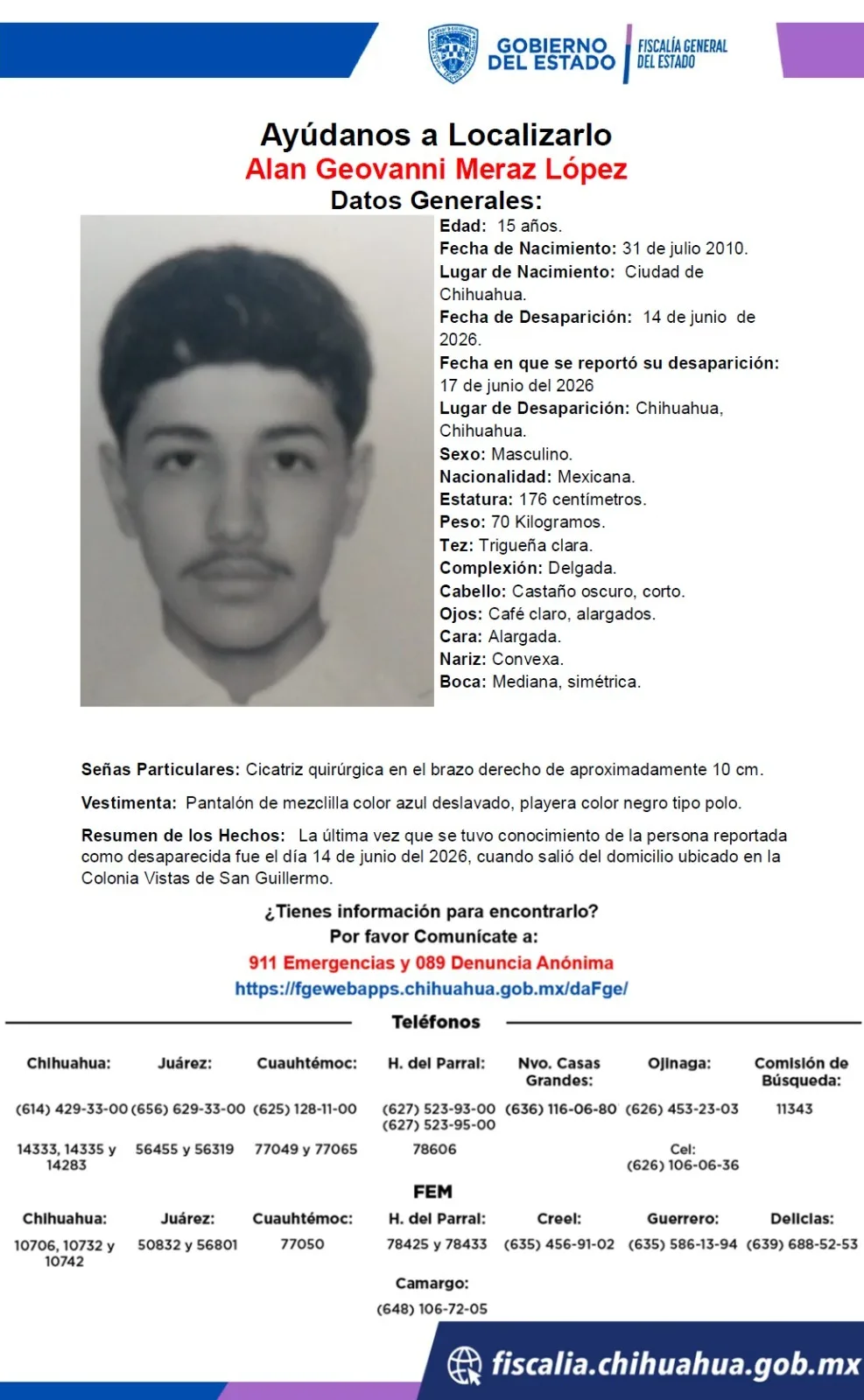 Buscan a Alan Geovanni Meraz López, adolescente desaparecido en Chihuahua