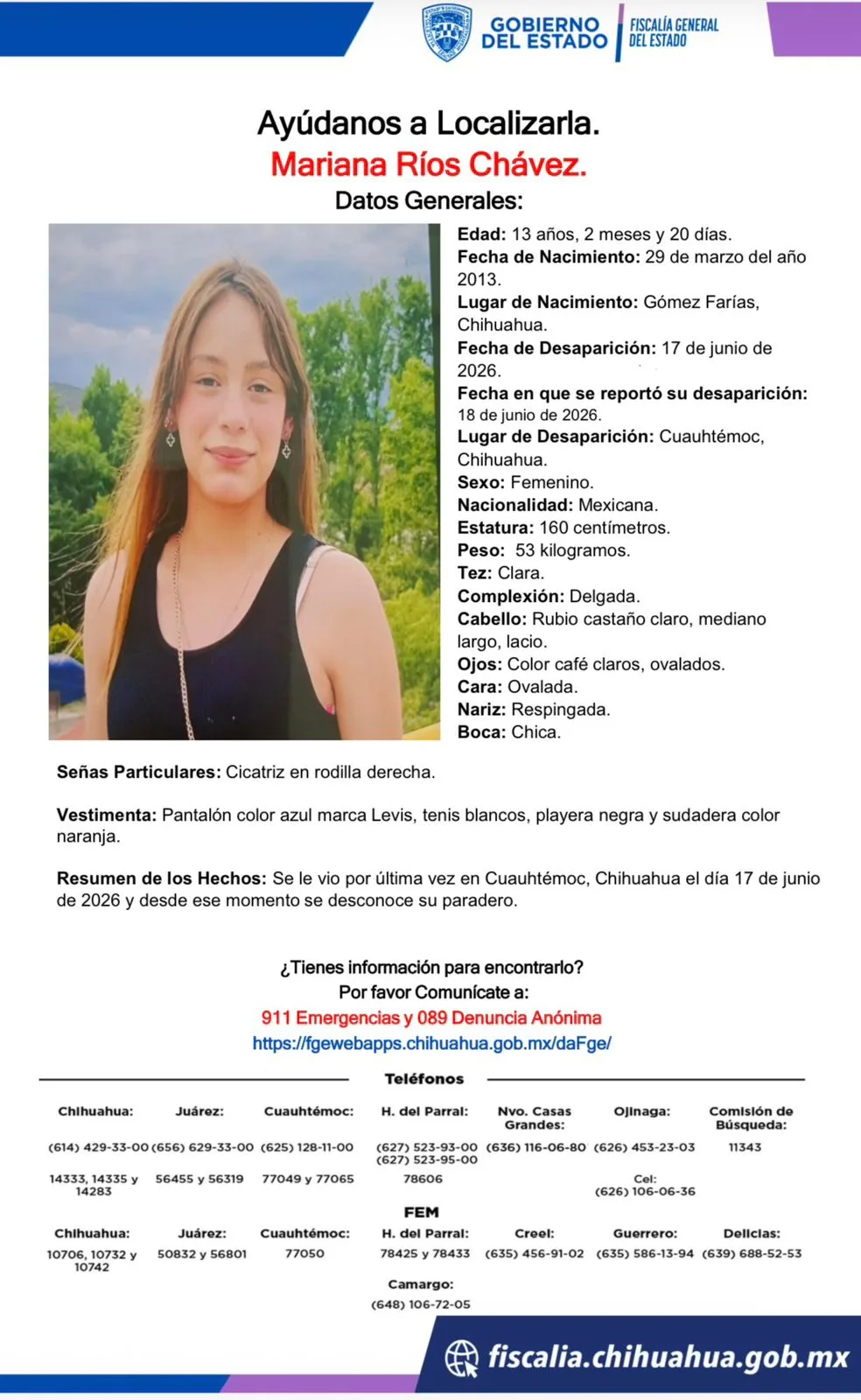 Buscan a Mariana Ríos Chávez, adolescente desaparecida en Cuauhtémoc, Chihuahua