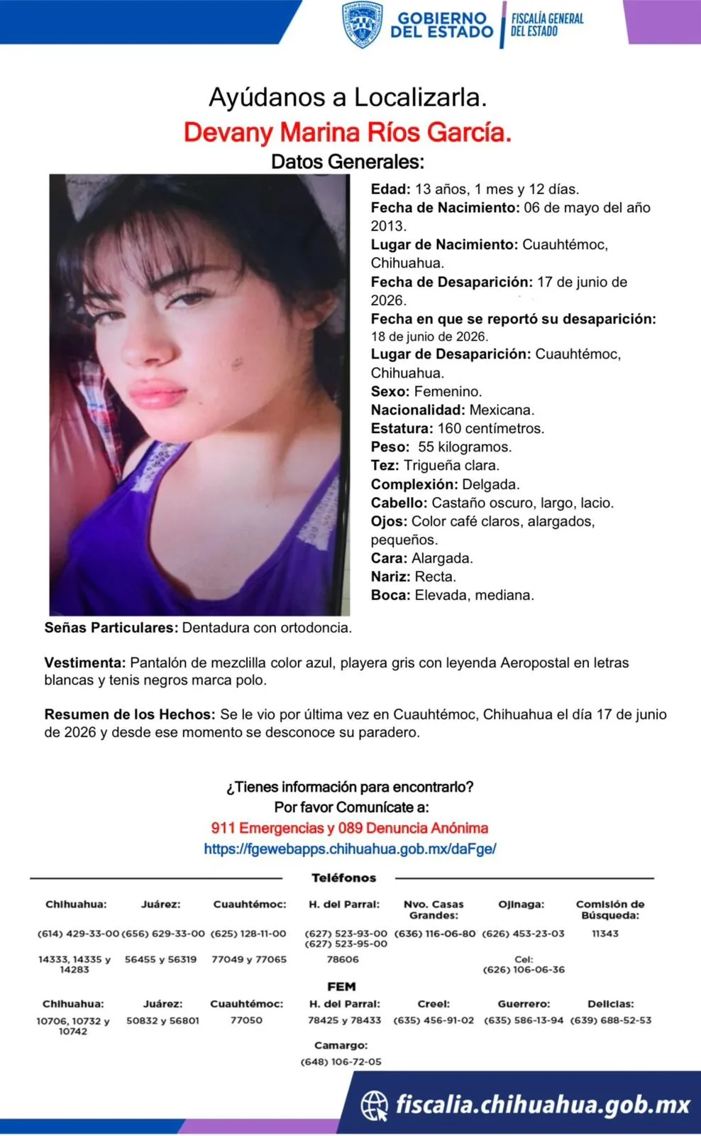 Buscan a Devany Marina Ríos García, adolescente desaparecida en Cuauhtémoc, Chihuahua
