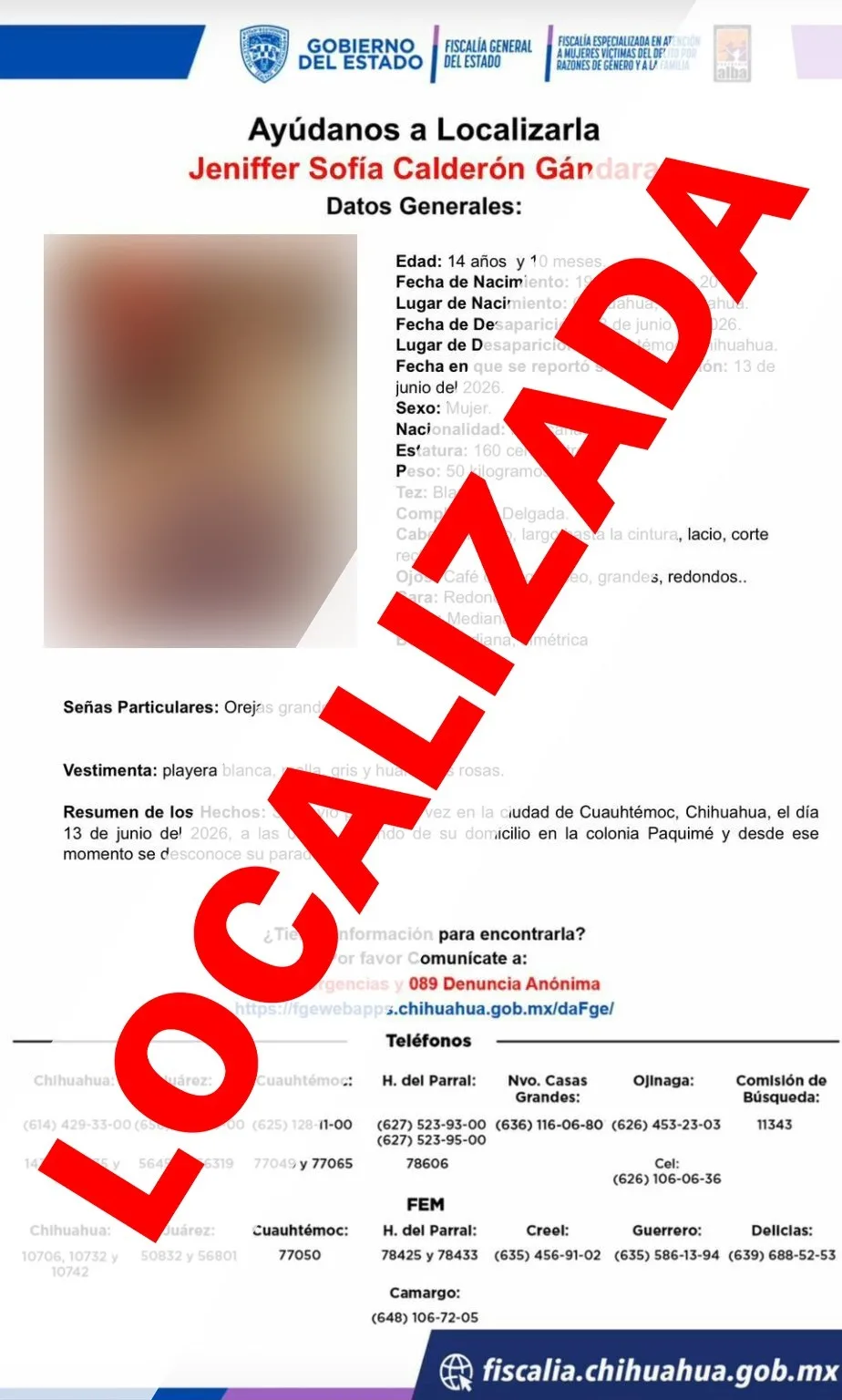 Localizan en Cuauhtémoc a adolescente reportada como ausente; la Fiscalía confirma que fue voluntaria