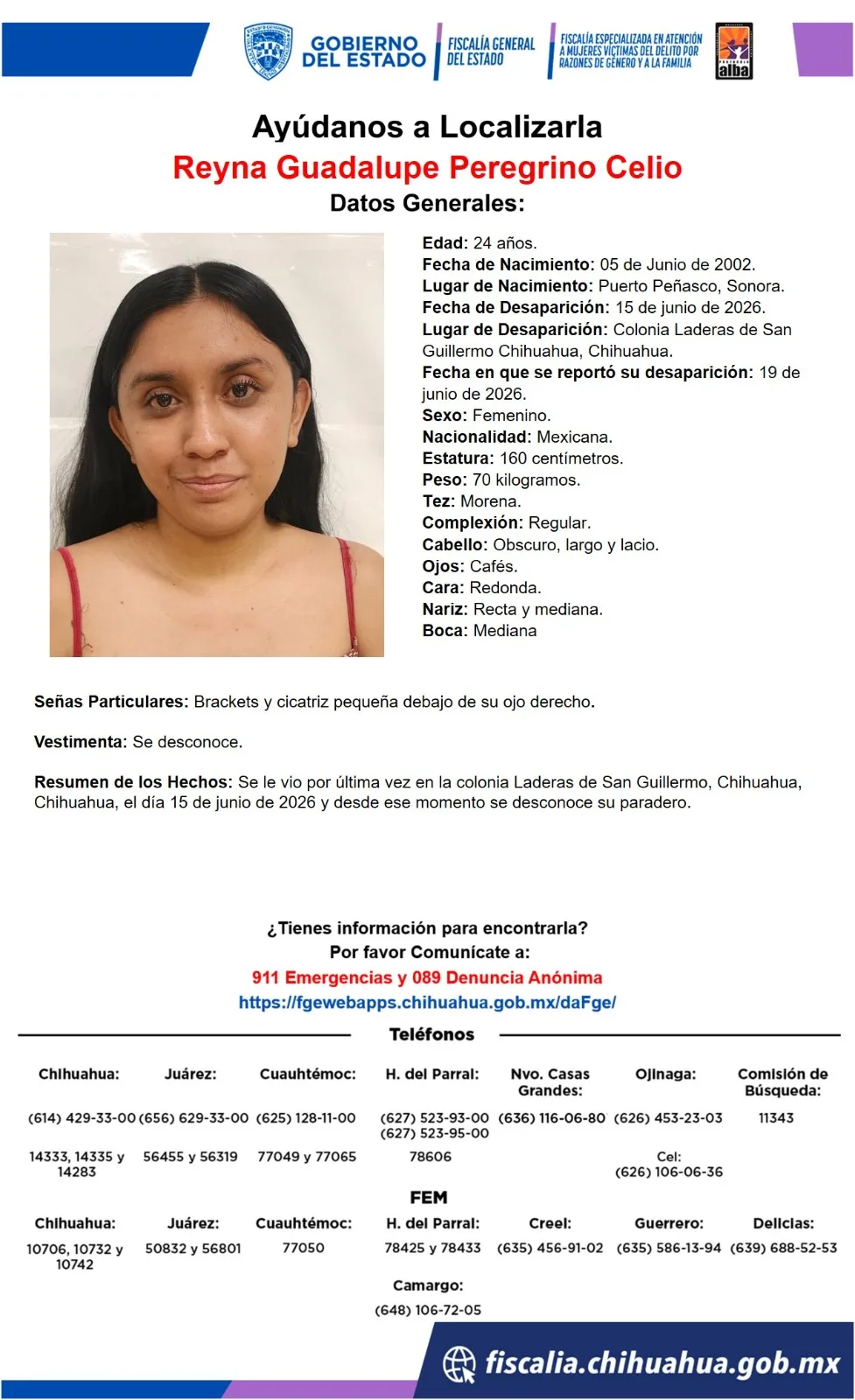 Buscan a Reyna Guadalupe Peregrino Celio, desaparecida en la colonia Laderas de San Guillermo, Chihuahua