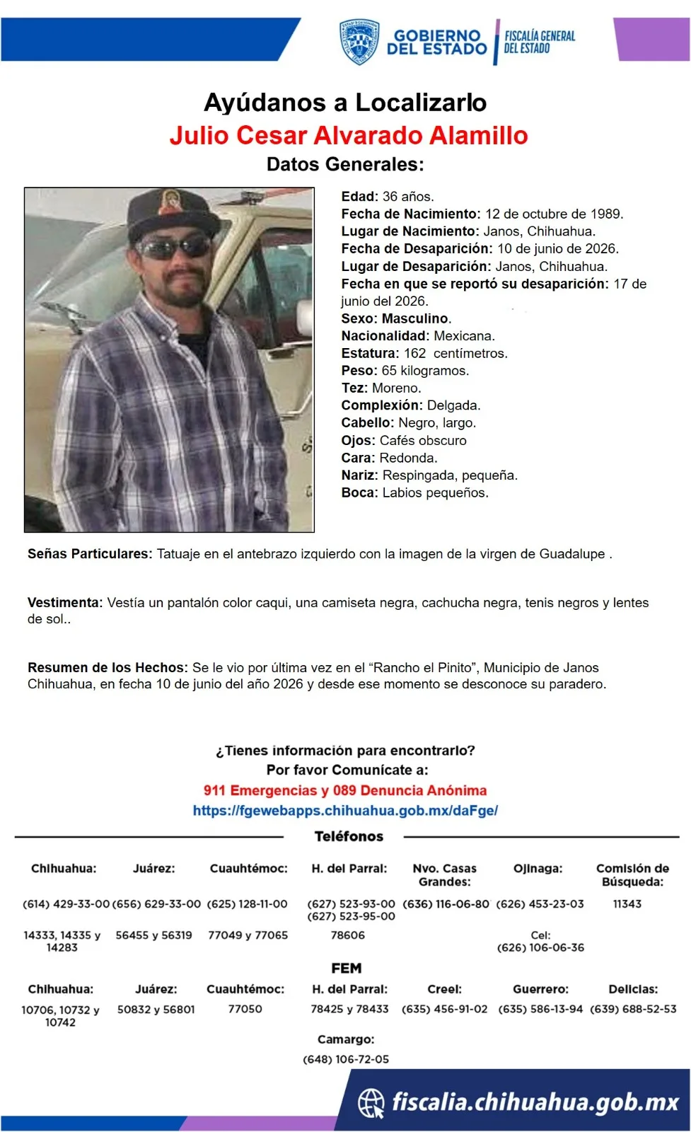 Buscan a Julio Cesar Alvarado Alamillo, desaparecido en Janos, Chihuahua