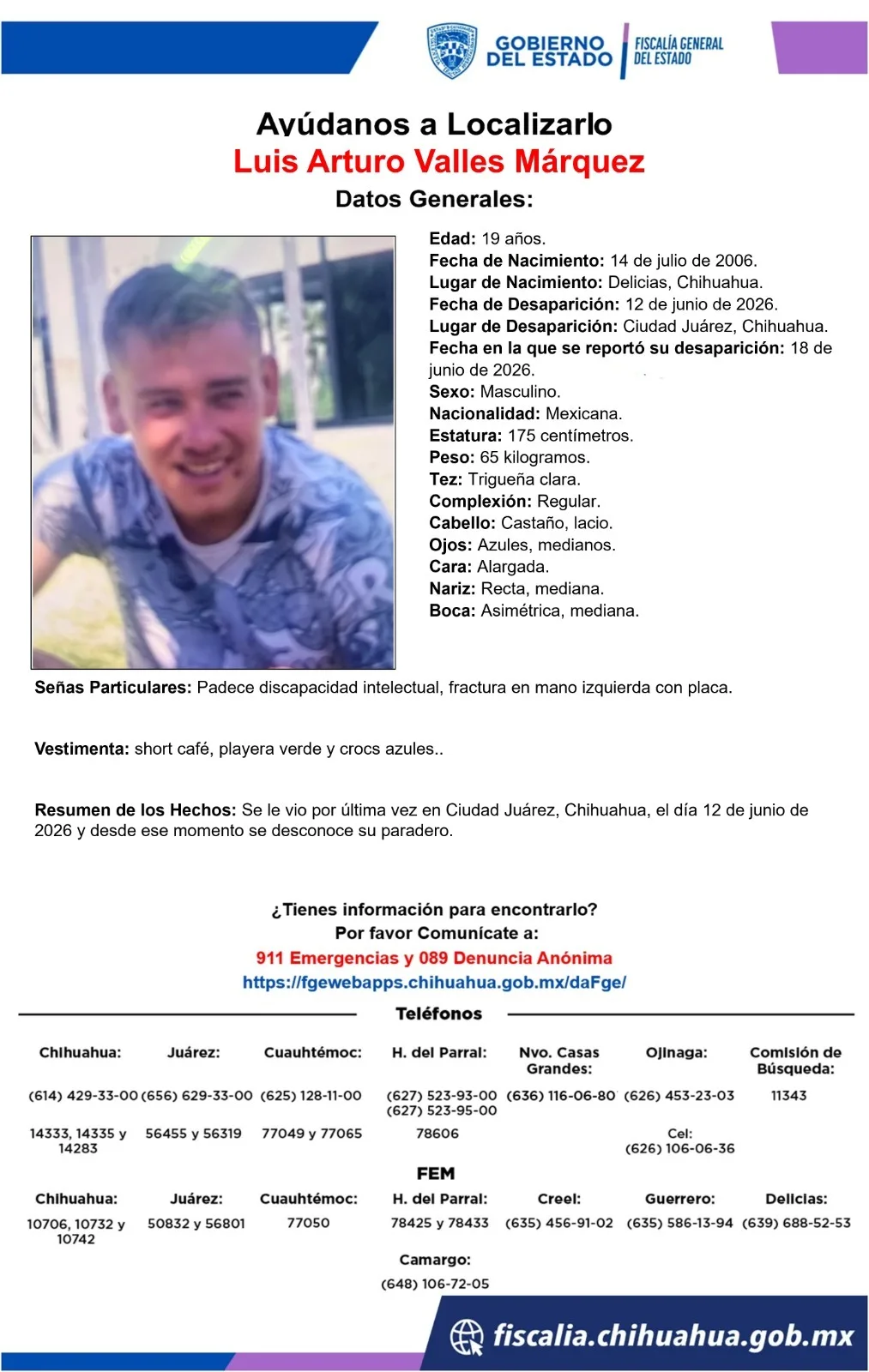 Buscan a Luis Arturo Valles Márquez, joven de 19 años desaparecido en Ciudad Juárez, Chihuahua
