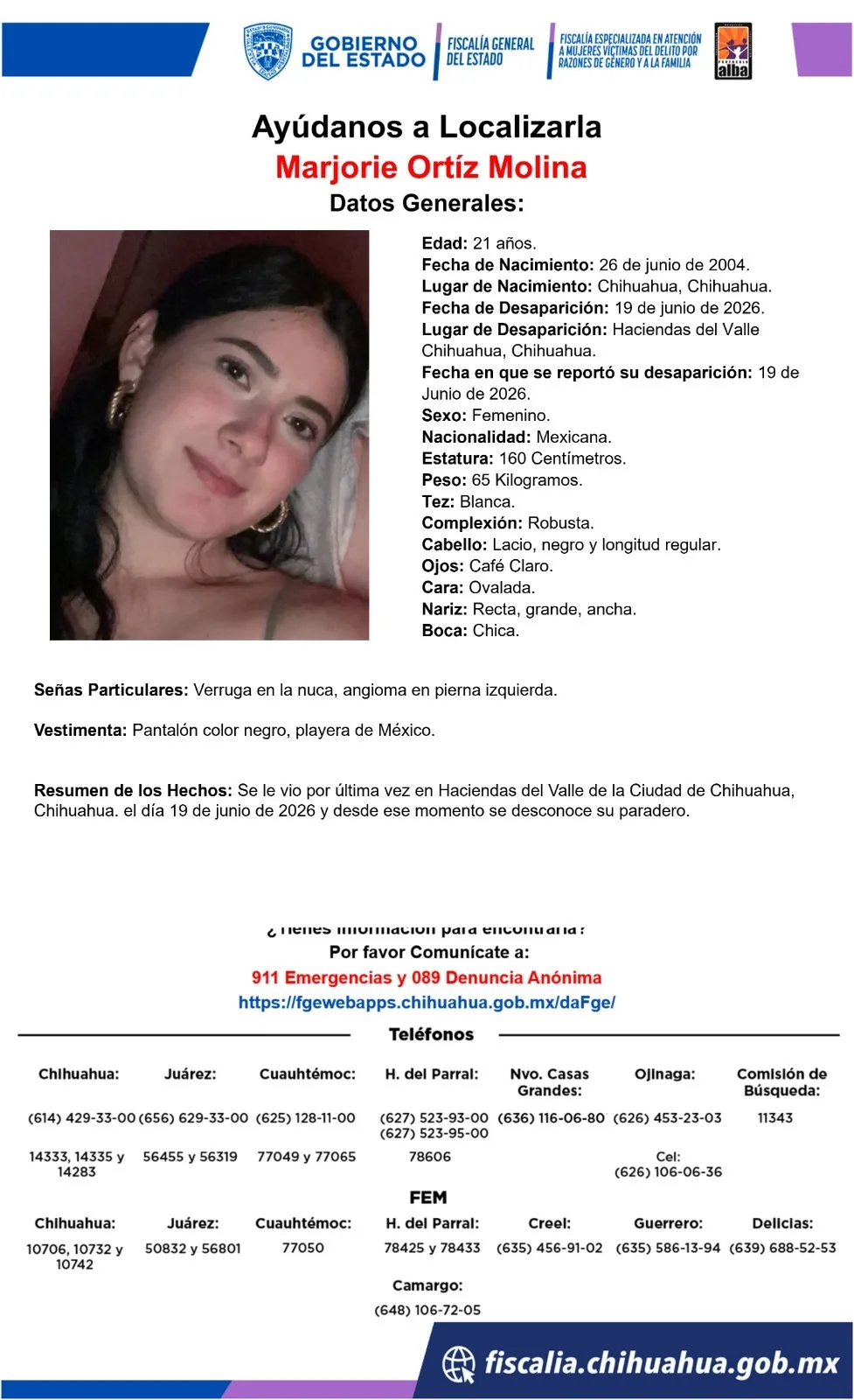 Buscan a Marjorie Ortíz Molina, desaparecida en Chihuahua capital
